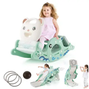 Costway 4-in-1 Kids Slide Rocking Toy Slide Rocking Horse w/ Basketball Hoop Ring