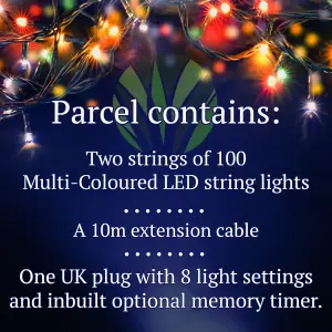 200 Multi-Coloured LED's Black Cable Connectable Outdoor Garden Party Waterproof String Lights (20m) Low Voltage Plug