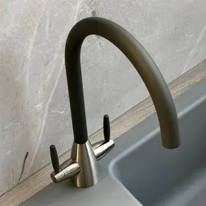 Liquida LB01GM Swan Neck Twin Lever Brushed Steel & Gun Metal Kitchen Mixer Tap