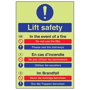 Lift Safety Multi Language Sign - Glow in Dark - 200x300mm (x3)