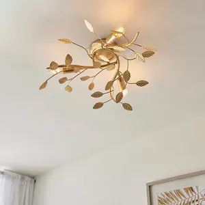 Gold Leaf Flush Ceiling Light - 3 Bulb Decorative Fitting - Low Profile Lighting