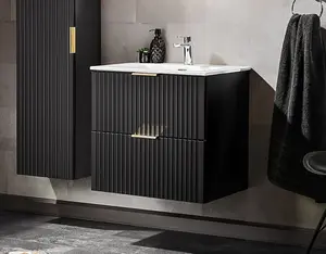 Bathroom Vanity Unit with Basin Black 600mm Drawer Cabinet with Sink Ribbed Textured Wall Hung Adel