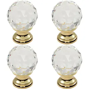 4x Faceted Crystal Cupboard Door Knob 25mm Dia Polished Brass Cabinet Handle