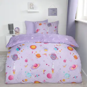 Stars Reversible Duvet Cover Set Quilt with Pillowcase Bedding, Lilac - Double