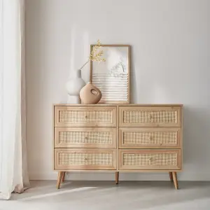 sweeek. 6-drawer chest with wood and cane effect Boheme Natural 120x39x79 cm