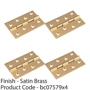 4 PACK - PAIR Double Steel Washered Brass Butt Hinge 76 x 50mm Satin Brass Door Fixing