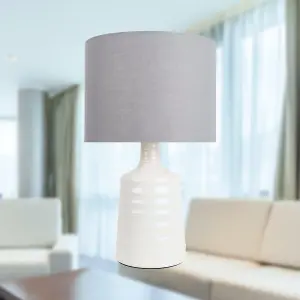 First Choice Lighting Ripple Off White Ribbed Ceramic Table Lamp with Grey Fabric Shade