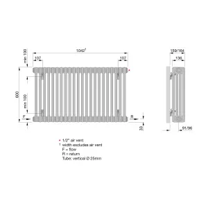 Acova Raw metal 4 Column Radiator, (W)1042mm x (H)600mm