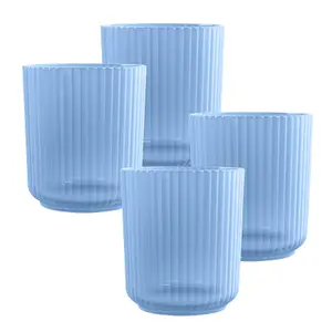 Blue Matte Plastic 15oz Ribbed Drinking Tumbler Cups - Set of 4