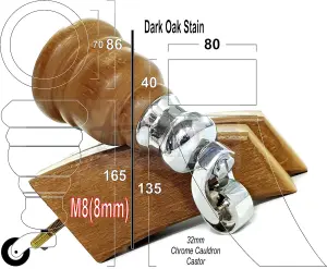 2x DARK OAK STAIN 165mm HIGH WOOD FURNITURE LEGS WITH CHROME CAULDRON CASTOR & 2 CURVED BACK FEET SETTEE CHAIRS, SOFAS M8 TSP2007