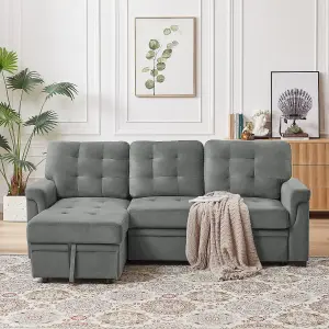 Corner Sofa Bed, L-Shaped Corner Sofa Bed with Storage, Settee Sleep Reversible Storage Chaise - Velvet Gray