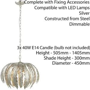 3 Light Ceiling Pendant FLORAL SILVER Shade Hanging Feature Lamp Bulb Chain Rose