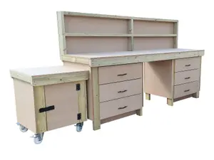 Wooden MDF top workbench with drawers and functional lockable cupboard (V.5) (H-90cm, D-70cm, L-210cm) with back