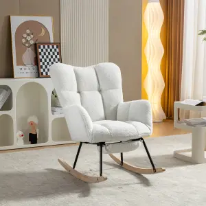 New Modern Teddy Fabric Tufted Upholstered Rocking Chair with pull-out footrest, White 