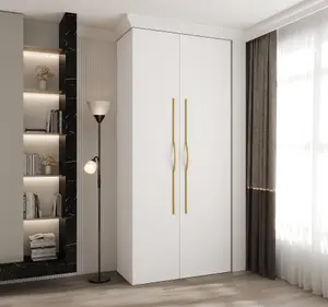 Stylish White Como II Hinged Door Wardrobe H2460mm W1100mm D500mm, Two Doors, Eight Shelves, One Hanging Rail, Gold Handles