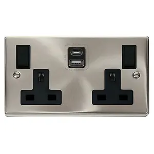 Satin / Brushed Chrome 2 Gang 13A Type A & C USB Twin Double Switched Plug Socket - Black Trim - SE Home