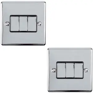 2 PACK 3 Gang Triple Metal Light Switch POLISHED CHROME 2 Way 10A Black Trim