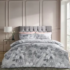 Dramatic Floral Reversible Duvet Cover Set with Pillowcases Silver Grey / Double - 2 Standard Pillowcases