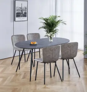 Hallowood Furniture Cullompton Large Oval Table (1.6m) with 4 Light Grey Leather Effect Chairs