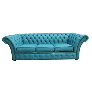 Chesterfield 3 Seater Sofa Settee Shelly Dark Teal Real Leather In Balmoral Style