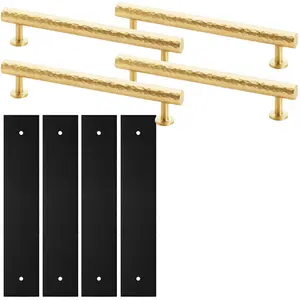 4 PACK - Pull Handle & Contrasting Backplate Set - Hammered Round T Bar - Satin Brass & Black