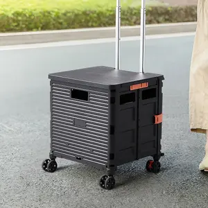 Black Collapsible Rolling Protable Crate with Magnetic Lid and Adjustable Handle 44cm H