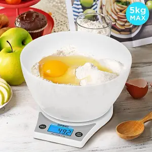 Duronic KS6000 WH/WH Digital Kitchen Scale with Bowl, 5kg, LCD Backlit Display, Tare Function, 1g Precision - White