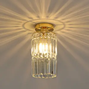 Modern Chandelier Cylindrical Droplet Crystal Shade Gold Base Mount Ceiling Light Fixture