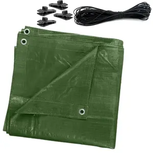 5 x 8 m Tarpaulin Waterproof Heavy Duty Cover Ground Sheet Camping with 4 Tarp Clips + 10m / 30ft Bungee Cord (Green - 90GSM)