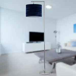 First Choice Lighting Chrome Angled Floor Lamp with Navy Blue Crushed Velvet Shade