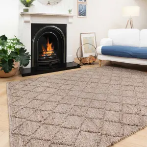 Warm Beige Luxurious Wool Textured Diamond Trellis Living Area Rug 120x170cm