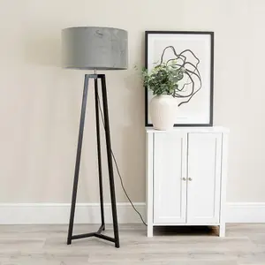 ValueLights Lottie Black Wood Tripod Floor Lamp with Grey Velvet Drum Shade - LED Bulb Included