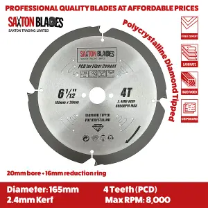 Saxton PCD1654T PCD Circular Saw Blade, 165mm x 4 Teeth Polycrystalline Diamond Tipped Fibre Cement Board, Hard Materials