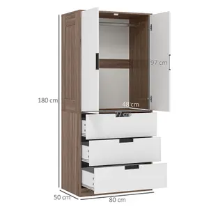 HOMCOM 2 Door Wardrobe Brown Wardrobe with 3 Drawer and Hanging Rod Brown