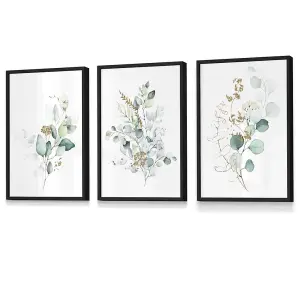 Set of 3 Green Blue Watercolour Eucalyptus Set 1 Wall Art Prints / 30x42cm (A3) / Black Frame