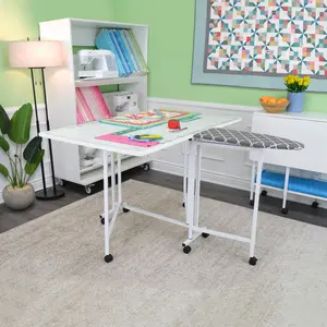 Millie Folding Cutting Table with Integral Ironing Board in White