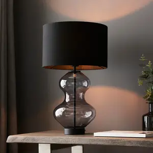 Luminosa Lecce Base & Shade Table Lamp, Grey Tinted Glass, Black Cotton Fabric With Matt Black Paint