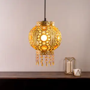 ValueLights Moroccan Bazaar Style Easy Fit Gold Chandelier Ceiling Light Shade with Jewel Droplets - Bulb Included