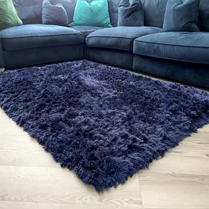 Navy Plain Shaggy Handmade Luxurious Sparkle Rug Easy to clean Living Room and Bedroom-80cm X 150cm