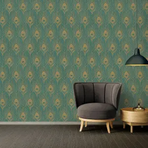 Galerie Absolutely Chic Yellow Green Metallic Peacock Feather Motif Smooth Wallpaper