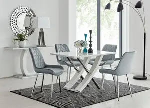 Furniturebox UK Mayfair 4 White High Gloss And Stainless Steel Dining Table And 4 Grey Pesaro Silver Leg Chairs