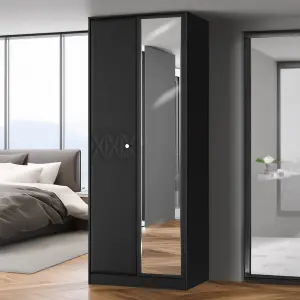 San Jose Ready assembled Contemporary Black Tall Double Wardrobe With 1 mirror door (H)1960mm (W)740mm (D)520mm