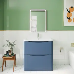 Floor Standing 2 Drawer Vanity Basin Unit with Polymarble Basin, 800mm - Satin Blue