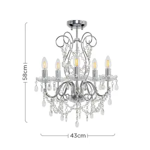 ValueLights Viscount 5 Way Silver Chrome Ceiling Light Chandelier with Lead Crystal Droplets