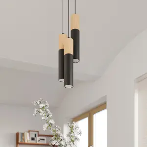 Pablo Steel & Wood Natural Black 3 Light Classic Pendant Ceiling Light