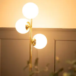 ValueLights Jas 3 Light Gold Metal Stem Floor Lamp with White Frosted Glass Shades - Bulbs Included