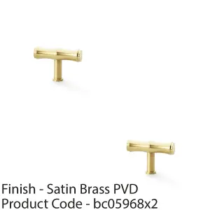 2 PACK - Bamboo T Bar Cupboard Door Knob - 55mm x 38mm - Satin Brass Unit Pull Handle