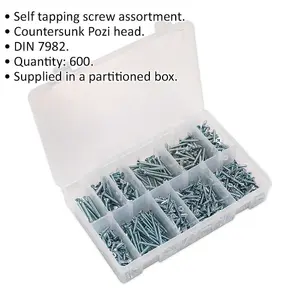 Versatile 600 Pack Self Tapping Screw Assortment with Countersunk Pozi Heads