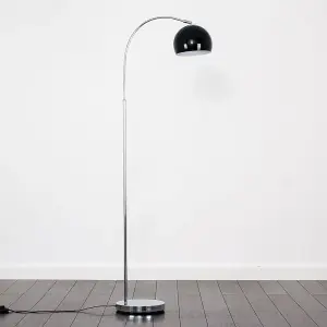 ValueLights Designer Style Chrome Stem Floor Lamp With Black Arco Style Metal Dome Light Shade With LED GLS Bulb in Warm White