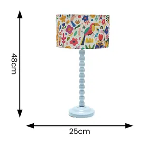 Powder Blue Bobbin Stem Table Lamp with Jungle Drum Shade for Living Room Bedroom - LED Bulb Included